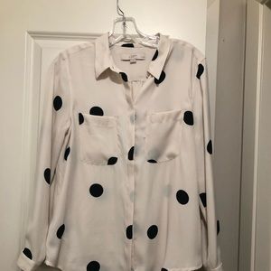LOFT Cream and Black Polka Dots Classic Button Front Pocket Blouse | Petite M
